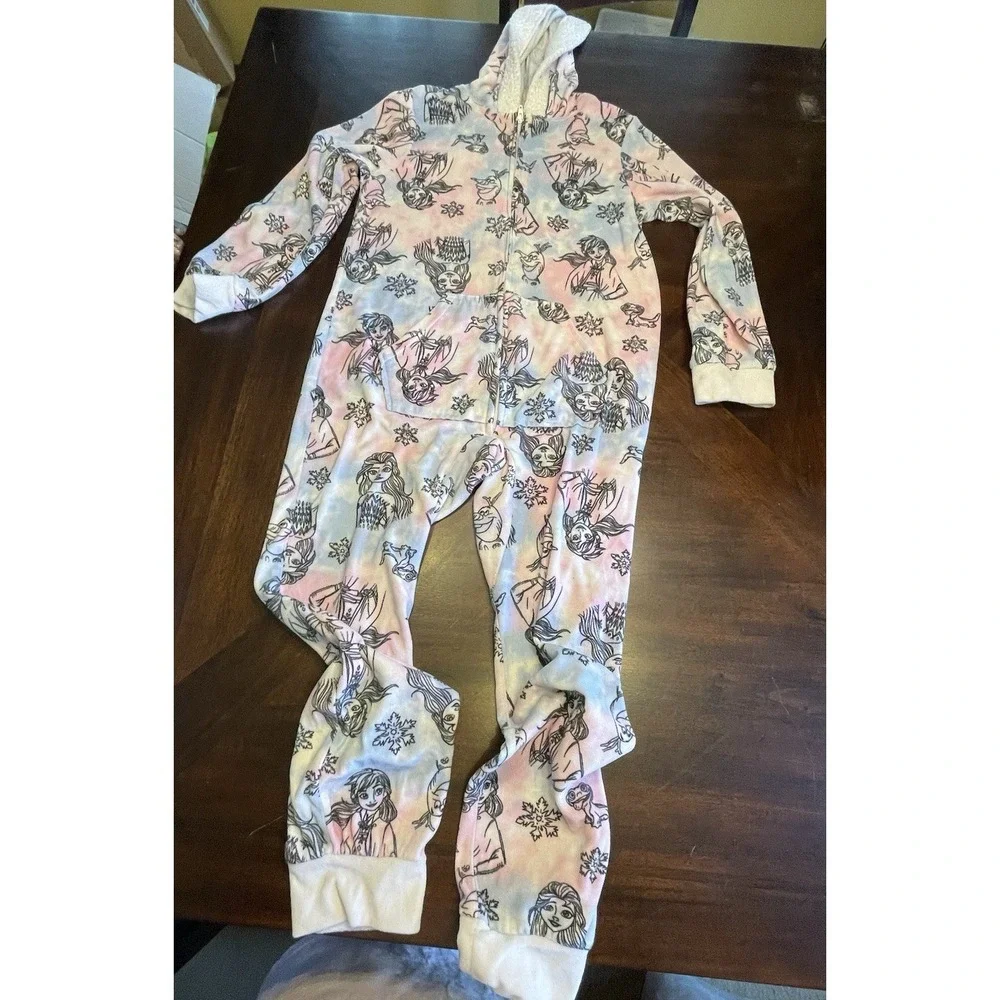 Disney Frozen Size 10 One Piece Zip Up Pajamas With Hood - Picture 1 of 3